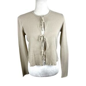 MNG Mango Sweater Women Medium Beige Ribbon Tie Knit Cardigan Long Sleeve